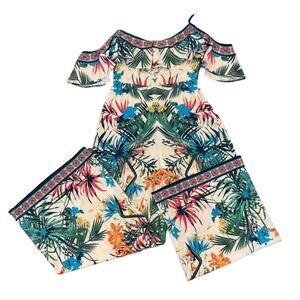 NWT Flying Tomato Ivory W/ Colorful Tropical Print Wide Legged Jumpsuit - SMALL